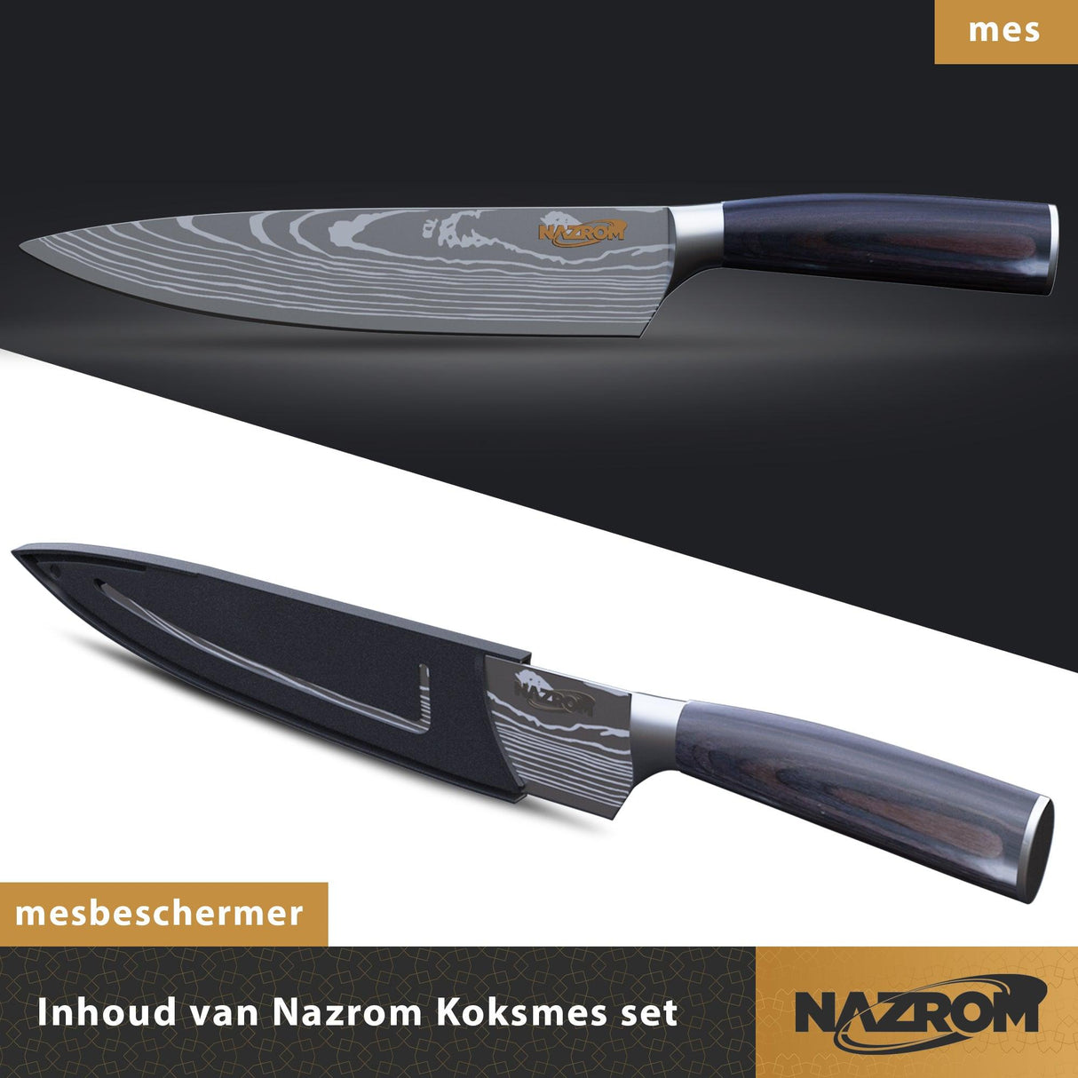 NAZROM® Professioneel Koksmes 20 CM, Inclusief Messenslijper, Duurzaam En Vlijmscherp - NAZROM