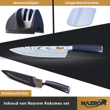 NAZROM® Professioneel Koksmes 20 CM, Inclusief Messenslijper, Mes- en vingerbeschermer, Duurzaam En Vlijmscherp - NAZROM