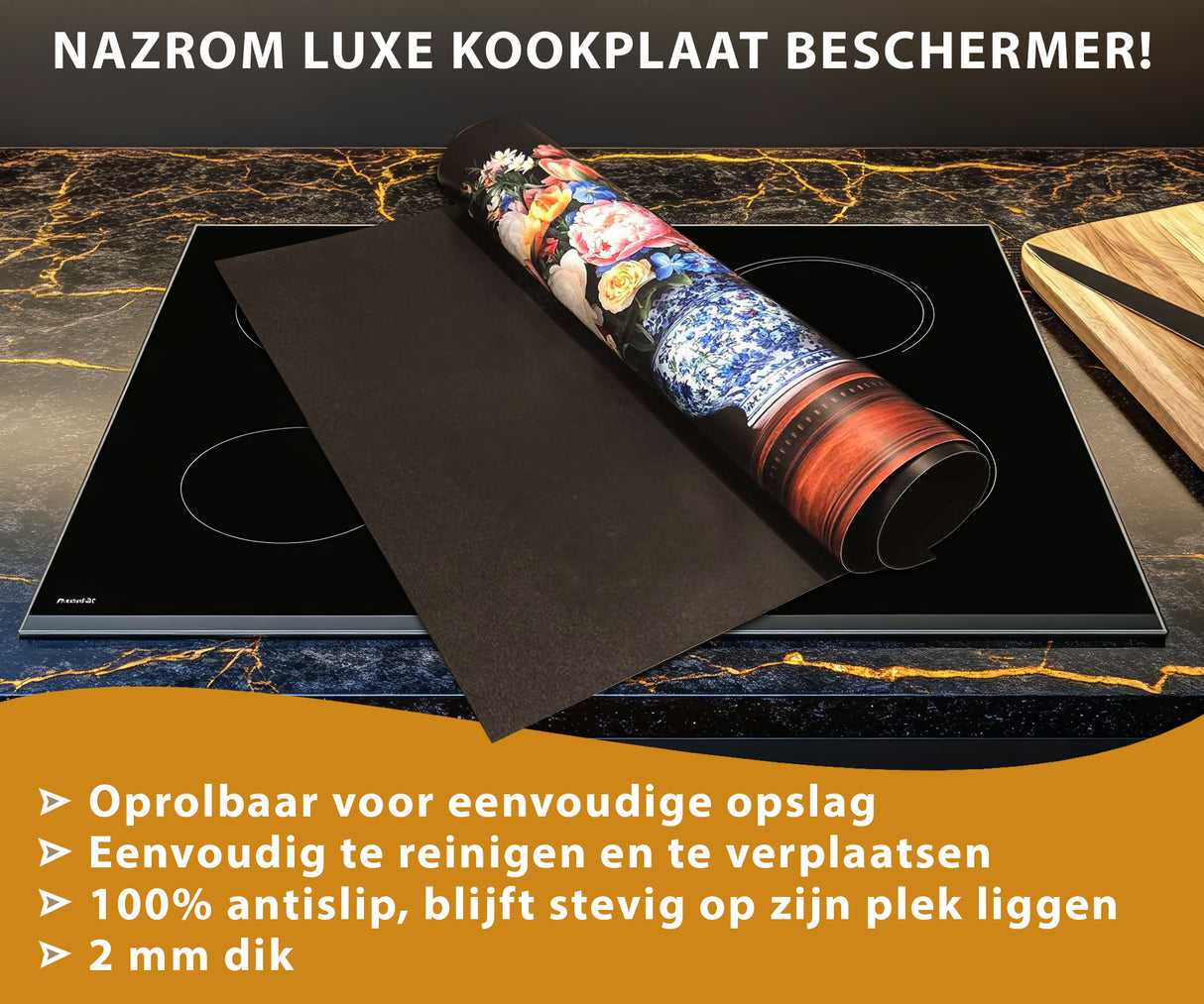 Inductie Beschermer - Afdekmat - Luxueus Zwart Terrazzo